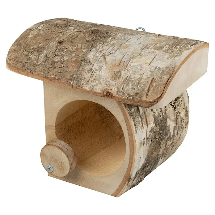 Erdnussbutterglas-Halter - Breite: 16 cm, Holz, Natur - Ein Vogelhaus aus Birkenholz mit einem runden Eingang, perfekt für kleine Vögel und zur Dekoration des Gartens.