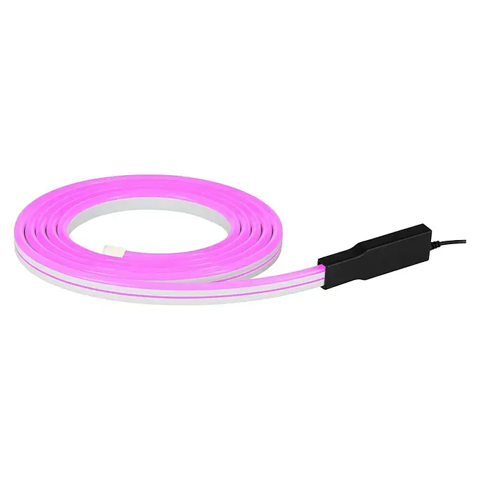 Eglo Connect LED-Stripes Flatneon Z - Länge: 5 m, 3.400 lm, RGBW - Nahaufnahme eines flexiblen LED-Neonstreifens in leuchtendem Pink mit einem Netzteil auf einer sauberen, neutralen Oberfläche.