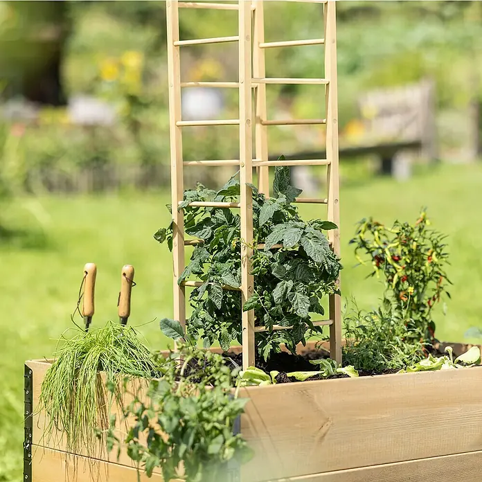 Windhager Rankhilfe Turm - L x B x H: 29 x 29 x 145 cm, Holz - Hochbeet mit Pflanzenstütze aus Holz, bepflanzt mit Gemüse und Kräutern. Ideal für den Garten oder die Terrasse.