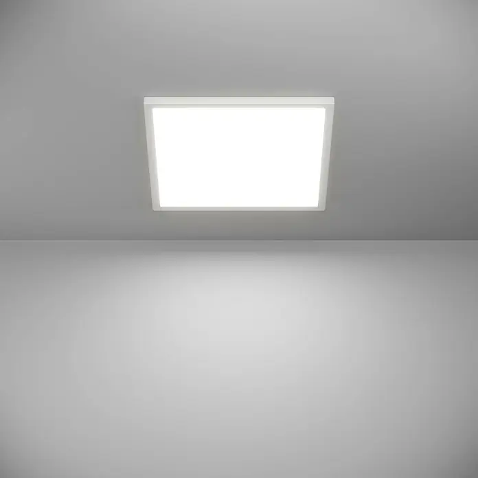 Eglo connect.z LED-Panel Rovito-Z - 22 W, L x B x H: 39 x 39 x 3 cm, Weiß, RGB - Das Bild zeigt eine quadratische LED-Deckenleuchte, die helles, weißes Licht in einem modernen Raum ausstrahlt und für klare Beleuchtung sorgt.