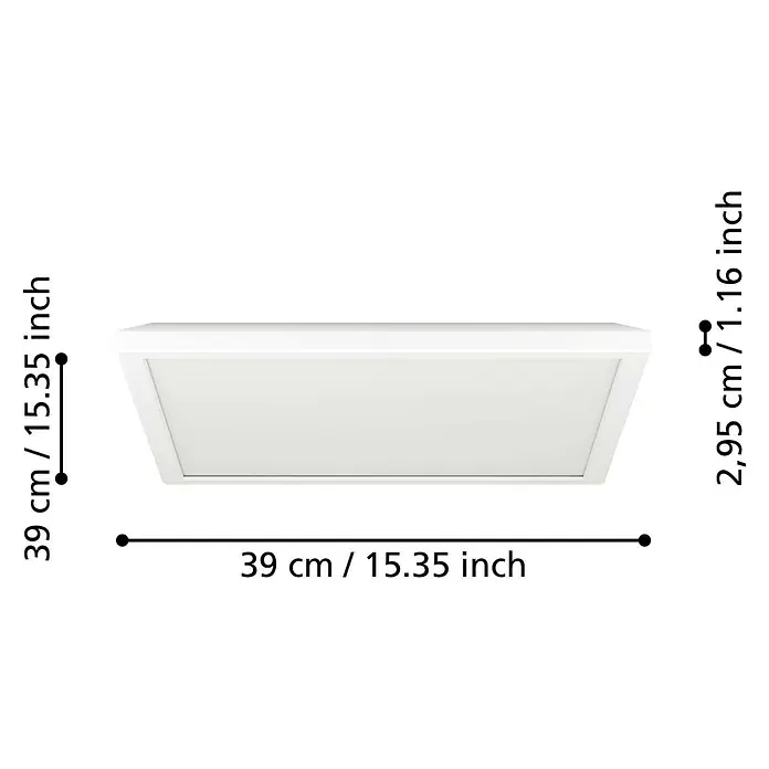 Eglo connect.z LED-Panel Rovito-Z - 22 W, L x B x H: 39 x 39 x 3 cm, Weiß, RGB - Abbildung einer weißen Deckenleuchte mit Maßangaben, die die Größe und Abmessungen des Produkts hervorheben.