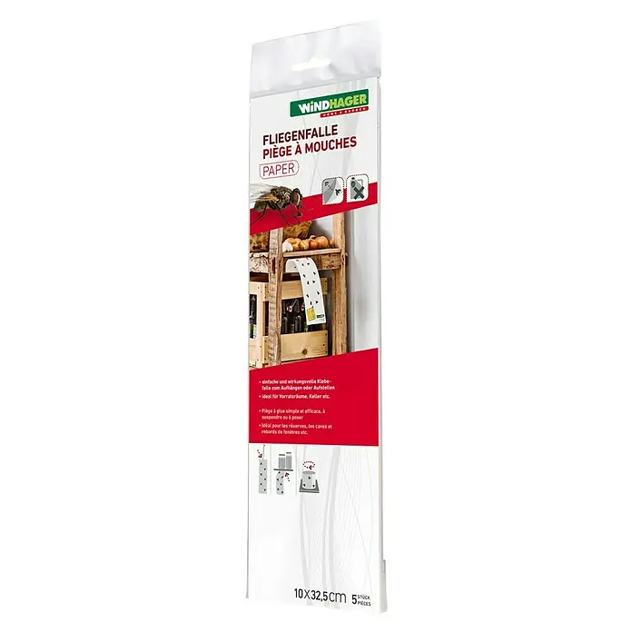 Windhager Fliegenfänger Papier Eco - Weiß, 5 Stk. - Produktverpackung der Windhager Fliegenfalle. Effektive Klebefalle zum Aufhängen oder Aufstellen, ideal für Vorratsräume und Keller. 10x32,5 cm, 5 Stück.