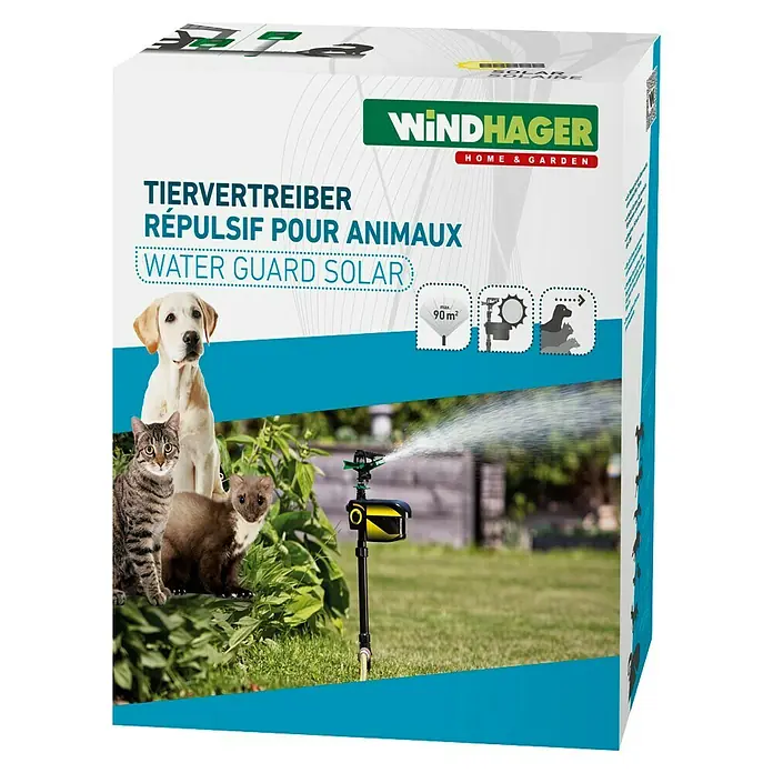 Windhager Tiervertreiber Water Guard Solar - Wirkungsbereich: 90 m² - Produktverpackung für einen tierabweisenden Wassersprüher von Windhager, der Tiere auf humane Weise vertreibt.