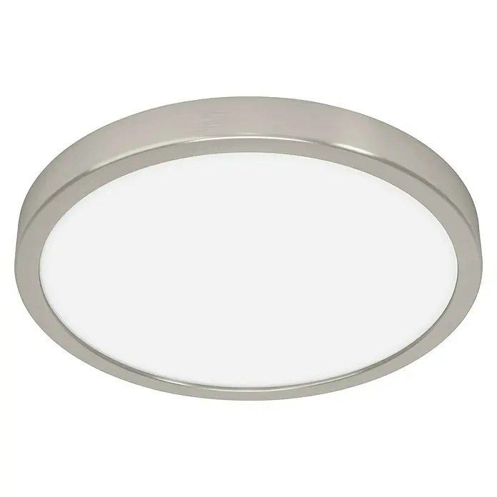 Eglo connect.z LED-Panel rund Fueva 6-Z - 14,3 W, Ø x H: 28 x 2,5 cm, Nickel, RGBW - Nahaufnahme einer runden, bündig montierten LED-Deckenleuchte mit gebürstetem Nickel-Finish und weißem Diffusor.