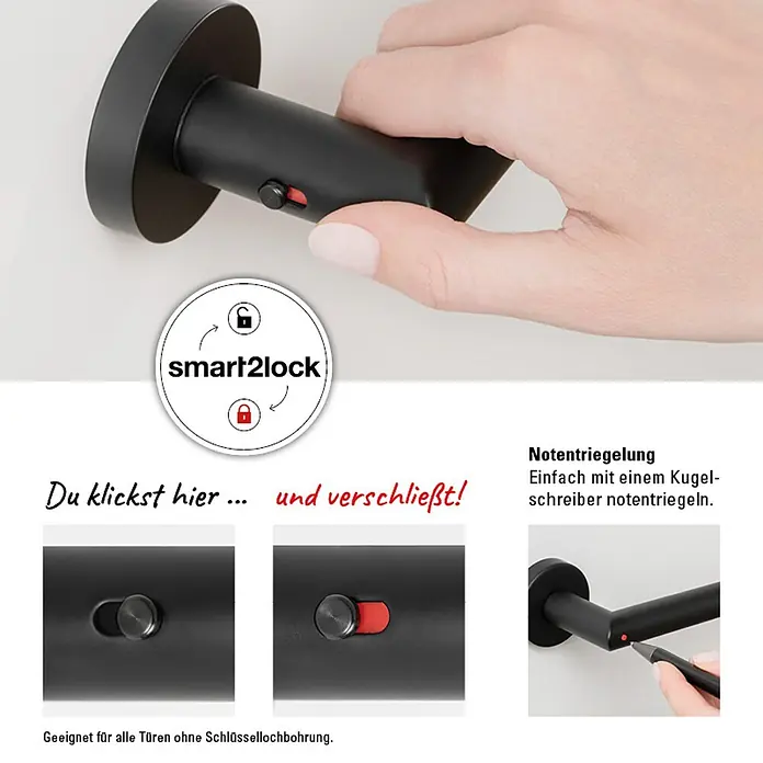 Diamond Doors Zimmertürgarnitur L-Form Premium Smart2Lock links - Stärke Tür: 38 mm - 45 mm, L-Form, Schwarz, DIN Anschlag: Links, Passend für: Türen ohne Schlüssellochbohrung, Türen mit Schlüssellochbohrung benötigen zusätzlich eine Blindrosette - Nahaufnahme eines Smart2lock Türgriffs mit Verriegelungsmechanismus, ideal für Türen ohne Schlüsselloch.