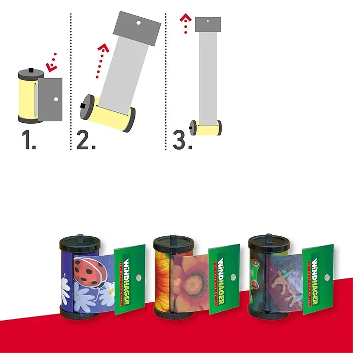 Windhager Fliegenfalle Roll-Up - 3 Stk. - Illustration einer Windhager Kinder-Windmühle mit Schritt-für-Schritt Anleitung und verschiedenen Designvarianten.