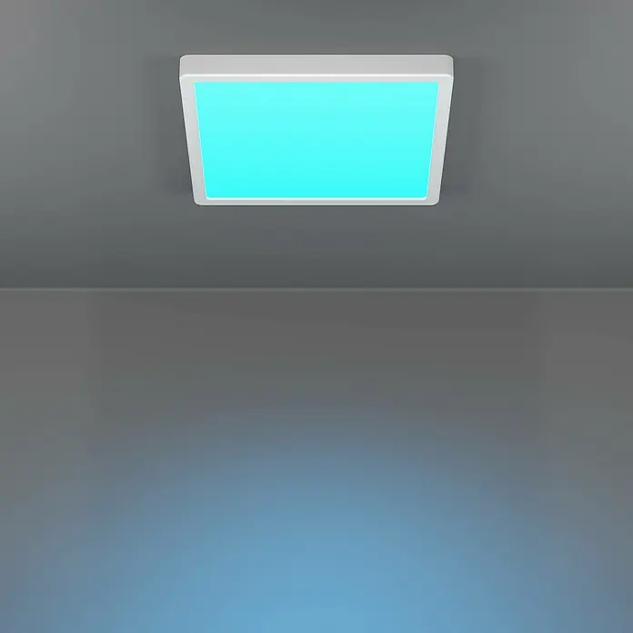 Eglo connect.z LED-Panel Fueva 6-Z - 13,5 W, L x B x H: 29 x 29 x 2,5 cm, Weiß, RGBW - Quadratische LED-Deckenleuchte mit hellblauem Licht in einem Raum. Moderne Beleuchtung für Wohn- und Arbeitsbereiche.