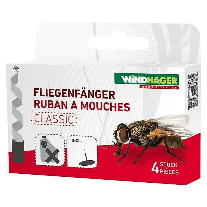 Windhager Fliegenfänger mit Naturleim - 4 Stk. - Bild der Windhager Fliegenfänger-Packung, ein Klassiker zum Fangen von Fliegen im Haus und Garten.