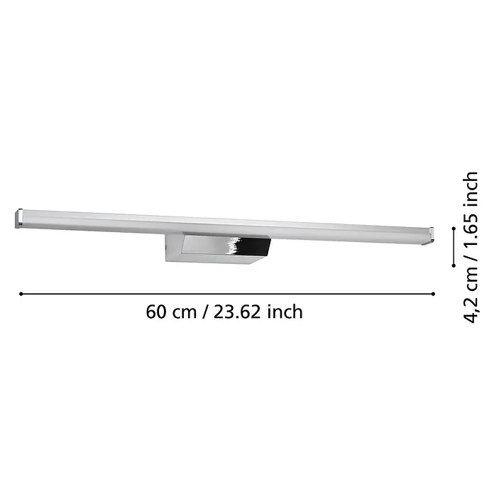 Eglo connect.z LED-Spiegelleuchte Regello-Z - 12 W, L x B x H: 60 x 13 x 4 cm, Chrom, RGBW - Abbildung einer schlanken, modernen Badezimmerleuchte mit Chromakzenten und Größenangaben für Länge und Höhe.