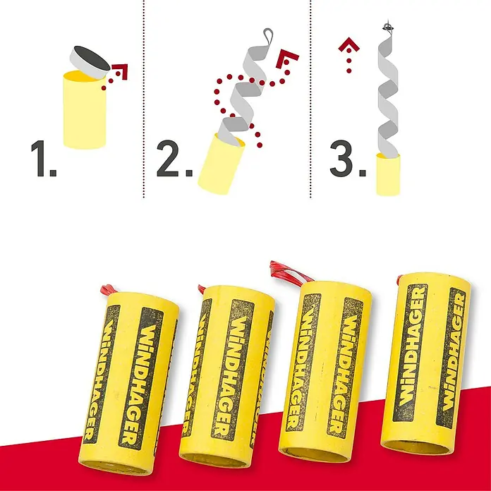 Windhager Fliegenfänger mit Naturleim - 4 Stk. - Windhager Schädlingsbekämpfung: Eine Darstellung der Anwendung des Produkts und vier gelbe Behälter mit der Aufschrift "Windhager".