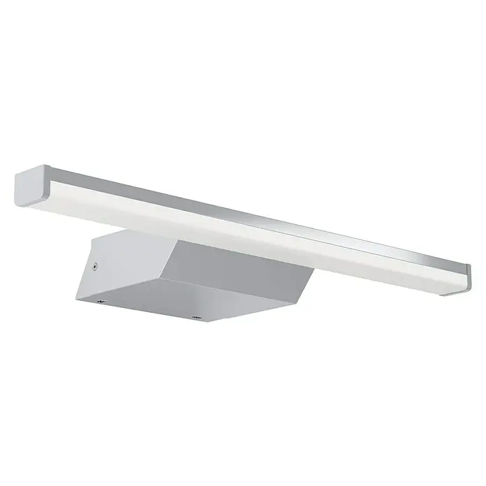 Eglo connect.z LED-Spiegelleuchte Regello-Z - 12 W, L x B x H: 60 x 13 x 4 cm, Chrom, RGBW - Eine Nahaufnahme einer LED-Sicherheitsleuchte mit einem grauen Gehäuse und einer länglichen, weißlichen Lichtleiste. Das Produkt ist in guter Qualität.