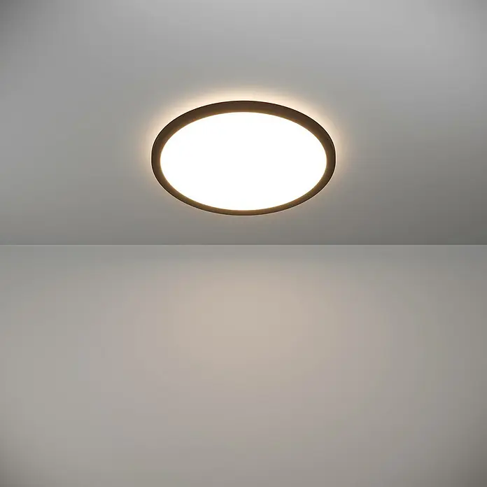 Eglo connect.z LED-Panel rund Rovito - 22 W, Ø x H: 39 x 3 cm, Schwarz, Neutralweiß - Naheaufnahme einer runden Deckenleuchte mit einem dunklen Rahmen, die an einer weißen Decke montiert ist.