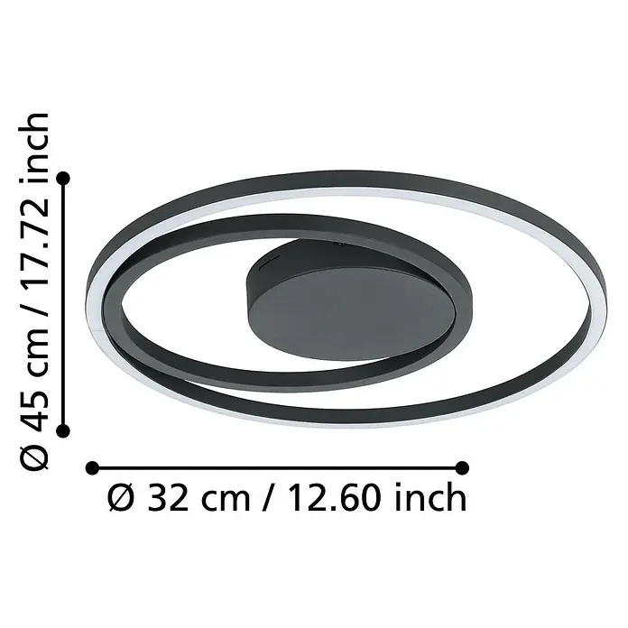 Eglo LED-Deckenleuchte rund Calagrano-Z - 21,5 W, Ø x H: 45 x 3,5 cm, Schwarz, RGBW - Abbildung einer runden Deckenleuchte mit zwei Ringen in Schwarz und Weiß mit den Maßen 45 cm und 32 cm.