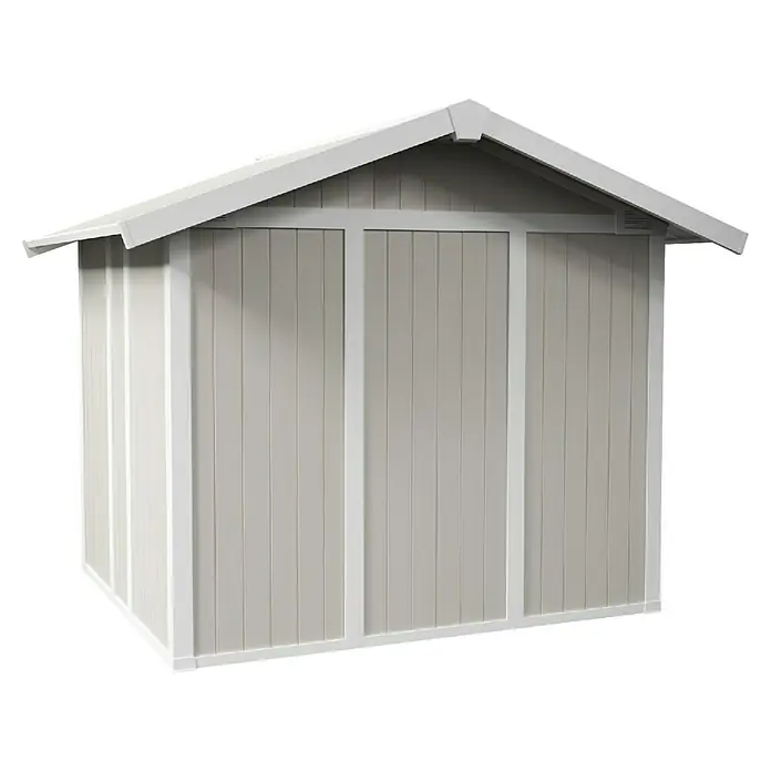 Grosfillex Gerätehaus Utility V4,9 - Außenmaß inkl. Dachüberstand (B x T): 295 x 261 cm, Kunststoff, Grau-grün - Eine Ansicht des Kunststoff-Gartenschuppens mit weißem Rahmen und grauem Paneel, der im Außenbereich verwendet wird.
