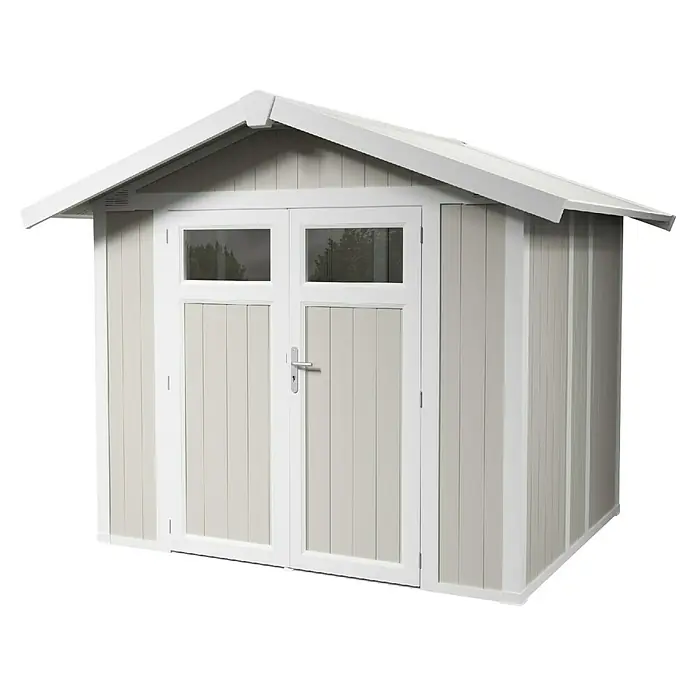 Grosfillex Gerätehaus Utility V4,9 - Außenmaß inkl. Dachüberstand (B x T): 295 x 261 cm, Kunststoff, Grau-grün - Ansicht eines Gartenschuppens mit Doppeltüren und Fenstern unter einem Giebeldach, der Funktionalität und Ästhetik für den Außenbereich bietet.