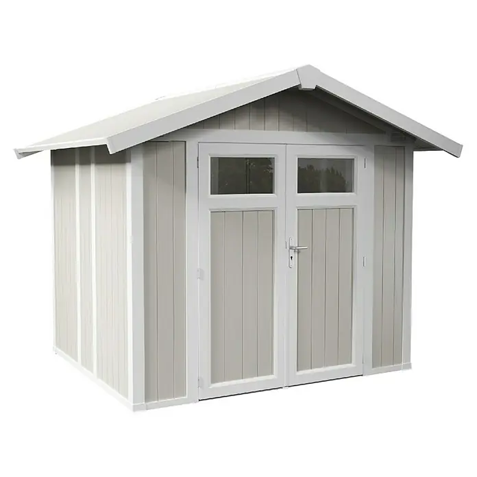 Grosfillex Gerätehaus Utility V4,9 - Außenmaß inkl. Dachüberstand (B x T): 295 x 261 cm, Kunststoff, Grau-grün - Ein geräumiges Gartenhaus in Grau und Weiß mit Doppeltür und Fenstern bietet viel Stauraum für Gartengeräte und -möbel.