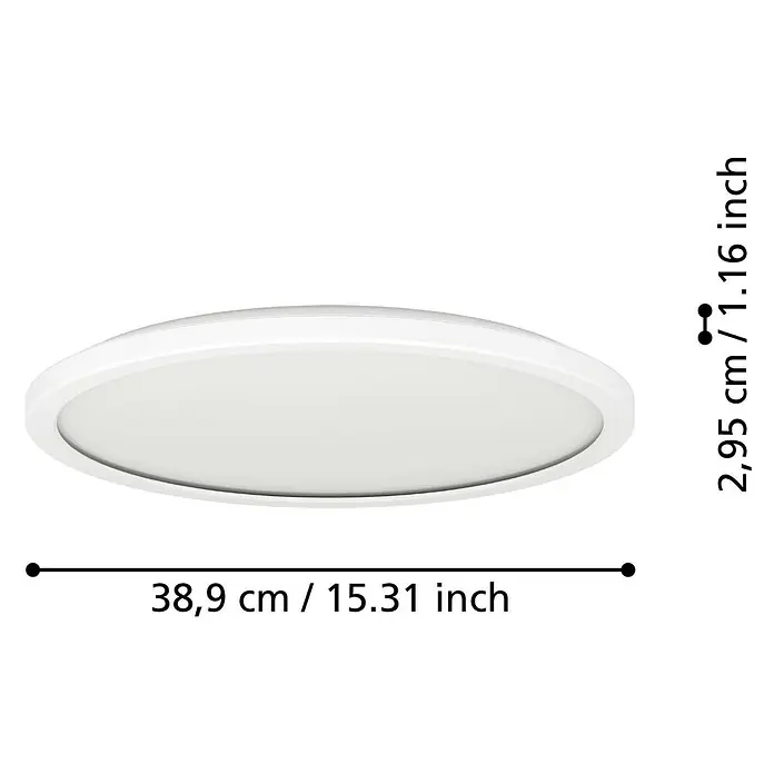 Eglo LED-Deckenleuchte Rovito - 18,9 W, Ø x H: 39 x 3 cm, Weiß, Warmweiß - Abbildung einer runden, weißen Deckenleuchte mit den Maßen 38,9 cm Breite und 2,95 cm Höhe.