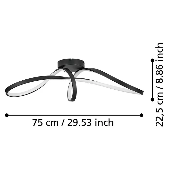 Eglo LED-Deckenleuchte Calarossa-Z - 22 W, L x B x H: 70 x 23 x 20,5 cm, Schwarz, RGBW - Produktbild einer schwarzen LED-Deckenleuchte mit geschwungenen Armen und Maßangaben.