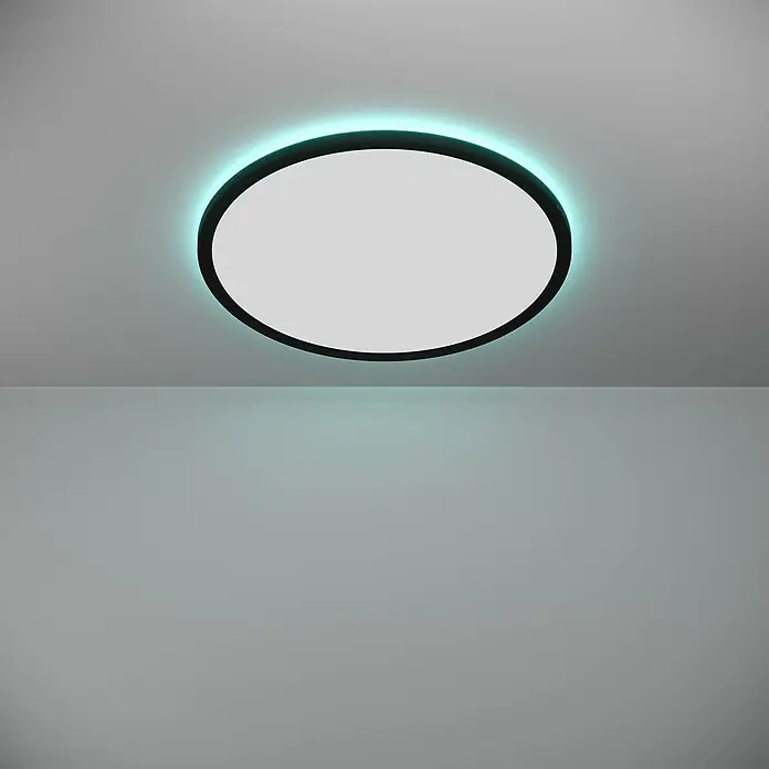 Eglo connect.z LED-Panel rund Rovito-Z - 20 W, Ø x H: 50 x 3,2 cm, Schwarz, RGBW - Diese Deckenleuchte ist rund mit einem schwarzen Rahmen und einer grünen Lichtaura, die ein modernes Ambiente erzeugt.