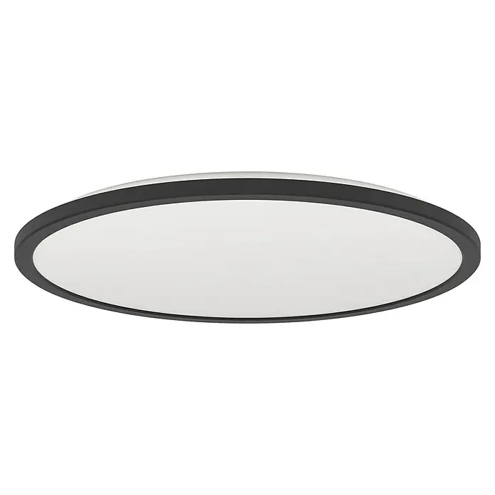 Eglo connect.z LED-Panel rund Rovito-Z - 20 W, Ø x H: 50 x 3,2 cm, Schwarz, RGBW - Nahaufnahme einer modernen, runden LED-Deckenleuchte mit schwarzem Rand und weißem Diffusor, die ein elegantes und helles Designelement bietet.