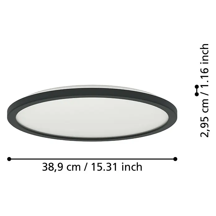 Eglo connect.z LED-Panel rund Rovito - 22 W, Ø x H: 39 x 3 cm, Schwarz, Neutralweiß - Abbildung einer grauen LED-Deckenleuchte mit den Abmessungen 38,9 cm x 2,95 cm.