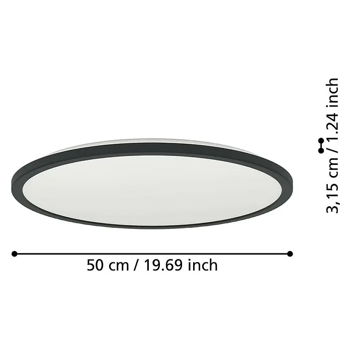 Eglo connect.z LED-Panel rund Rovito-Z - 20 W, Ø x H: 50 x 3,2 cm, Schwarz, RGBW - Abbildung einer runden Deckenleuchte in Grau und Weiß mit den Maßen 50 cm x 3,15 cm.