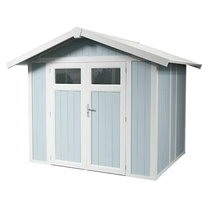 Grosfillex Gerätehaus Utility V4,9 - Außenmaß inkl. Dachüberstand (B x T): 295 x 261 cm, Kunststoff, Grau-blau - Ein blau gestrichenes Gartenhaus mit Doppeltür und weißen Akzenten für Werkzeuge und Gartengeräte.