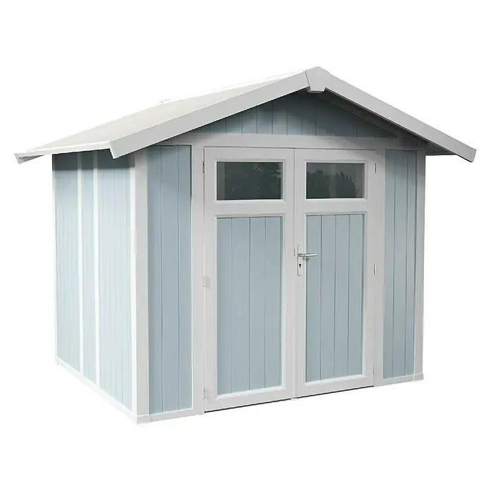 Grosfillex Gerätehaus Utility V4,9 - Außenmaß inkl. Dachüberstand (B x T): 295 x 261 cm, Kunststoff, Grau-blau - Ein charmantes Gartenhaus in hellblau mit weißen Akzenten und Doppeltür, ideal für die Aufbewahrung von Gartengeräten und mehr.