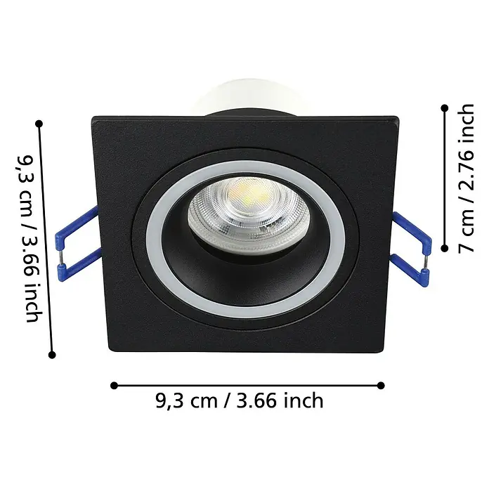 Eglo Connect LED-Einbauleuchte Carosso-Z - 4,7 W, L x B x H: 9,3 x 9,3 x 9 cm, Schwarz, RGBW - Nahaufnahme einer quadratischen, schwarzen LED-Einbauleuchte mit Maßangaben.