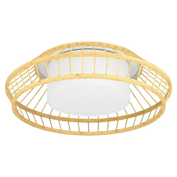 Eglo LED-Deckenleuchte rund Yuku-Z - 22 W, Ø x H: 46 x 16 cm, Bambus, Neutralweiß - Eine moderne Deckenleuchte mit einem weißen Lampenschirm, umgeben von einem dekorativen Holzrahmen, der dem Design einen natürlichen Touch verleiht.