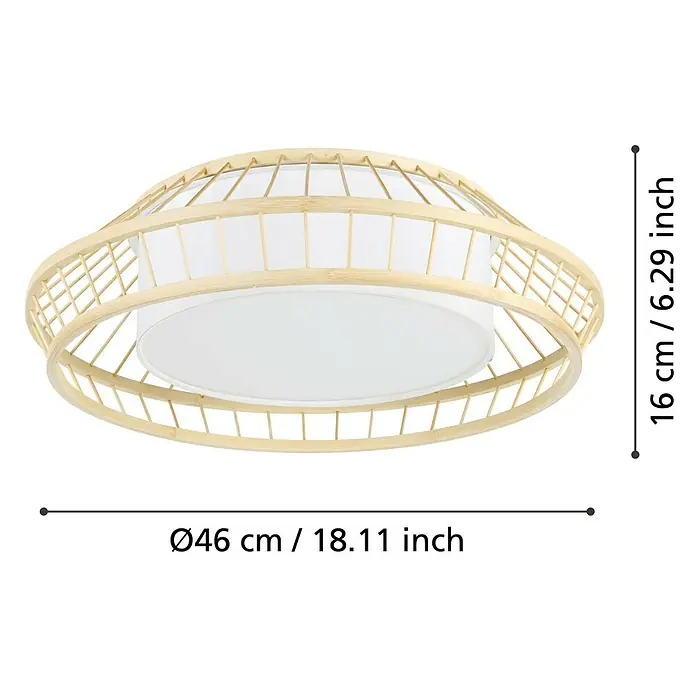 Eglo LED-Deckenleuchte rund Yuku-Z - 22 W, Ø x H: 46 x 16 cm, Bambus, Neutralweiß - Eine moderne Deckenleuchte mit einem runden Bambusrahmen und einer weißen Stoffabdeckung, die ein warmes Licht erzeugt und eine angenehme Atmosphäre schafft.
