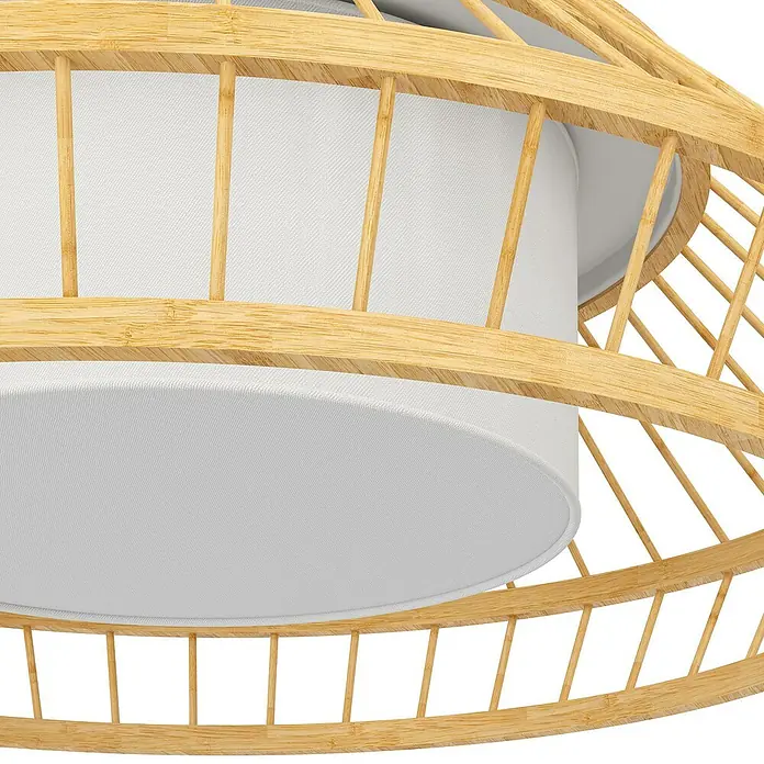 Eglo LED-Deckenleuchte rund Yuku-Z - 22 W, Ø x H: 46 x 16 cm, Bambus, Neutralweiß - Nahaufnahme einer modernen Deckenleuchte mit einem hellen Holzrahmen und einem zylindrischen Lampenschirm aus weißem Stoff.