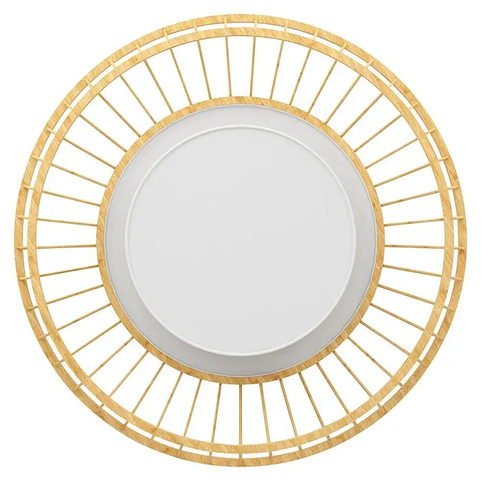 Eglo LED-Deckenleuchte rund Yuku-Z - 22 W, Ø x H: 46 x 16 cm, Bambus, Neutralweiß - Stilvolle Deckenleuchte mit einem runden, weißen Diffusor, umgeben von einem dekorativen Holzrahmen, der ein warmes Licht verbreitet.