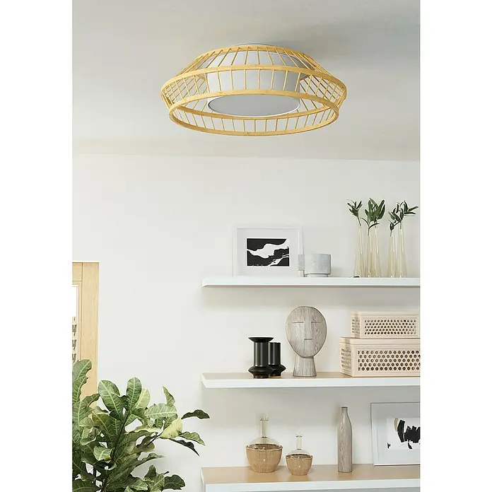 Eglo LED-Deckenleuchte rund Yuku-Z - 22 W, Ø x H: 46 x 16 cm, Bambus, Neutralweiß - Eine dekorative Deckenleuchte mit einem runden, gelben Rattangestell und einer zylindrischen, weißen Stoffabdeckung.