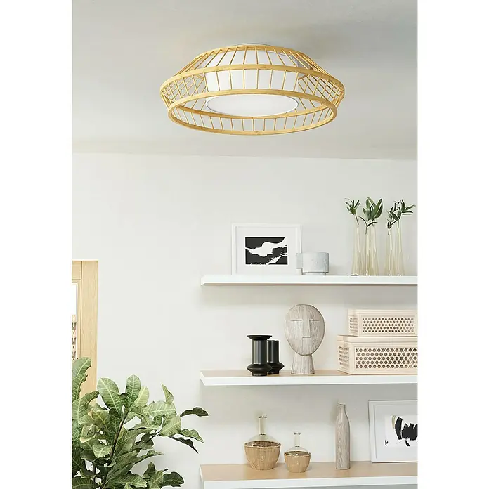 Eglo LED-Deckenleuchte rund Yuku-Z - 22 W, Ø x H: 46 x 16 cm, Bambus, Neutralweiß - Eine moderne Deckenleuchte mit einem Rahmen aus hellem Holz und einem Stoffdiffusor für ein warmes Licht.
