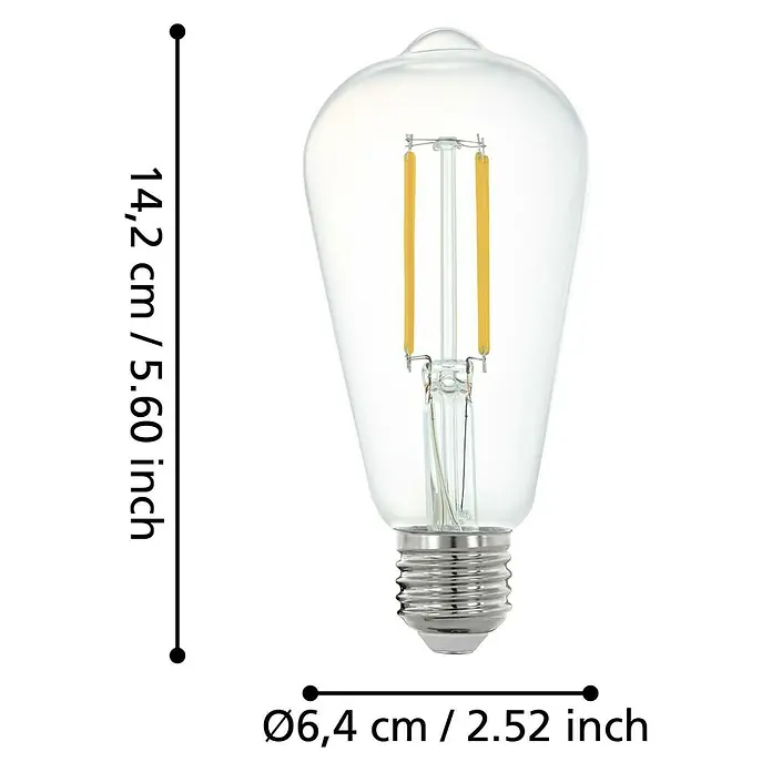 Eglo connect.z Smart-LED-Lampe ST64 - E27, Dimmbar, Warmweiß, 806 lm, 6 W - Nahaufnahme einer klaren Edison-Glühbirne mit Filamenten, die ihre Größe in Zentimetern und Zoll hervorhebt.