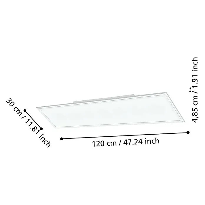 Eglo connect.z LED-Panel Salobrena-Z - L x B x H: 120 x 30 x 5 cm, Warmweiß - Abbildung einer LED-Deckenleuchte mit den Maßen 120 cm x 30 cm und einer Höhe von 4,85 cm, dargestellt in einer technischen Zeichnung.
