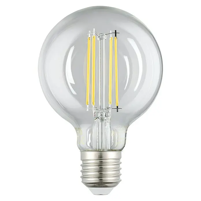 Eglo connect.z Smart-LED-Lampe - E27, Dimmbar, Warmweiß, 6 W, 806 lm, 1 Stk. - Nahaufnahme einer klaren LED-Glühbirne mit sichtbaren Filamenten und Metallsockel vor schwarzem Hintergrund.