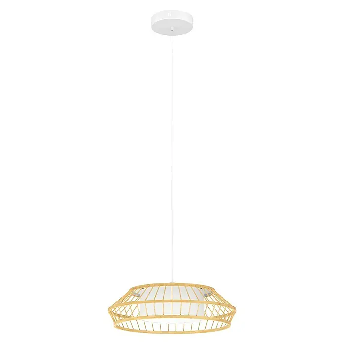 Eglo LED-Pendelleuchte rund Yuku-Z - 22 W, Ø x H: 46 x 110 cm, Bambus - Eine moderne Hängeleuchte mit einem runden Lampenschirm aus hellem Holzgeflecht und einer weißen Aufhängung, die für stilvolle Beleuchtung sorgt.