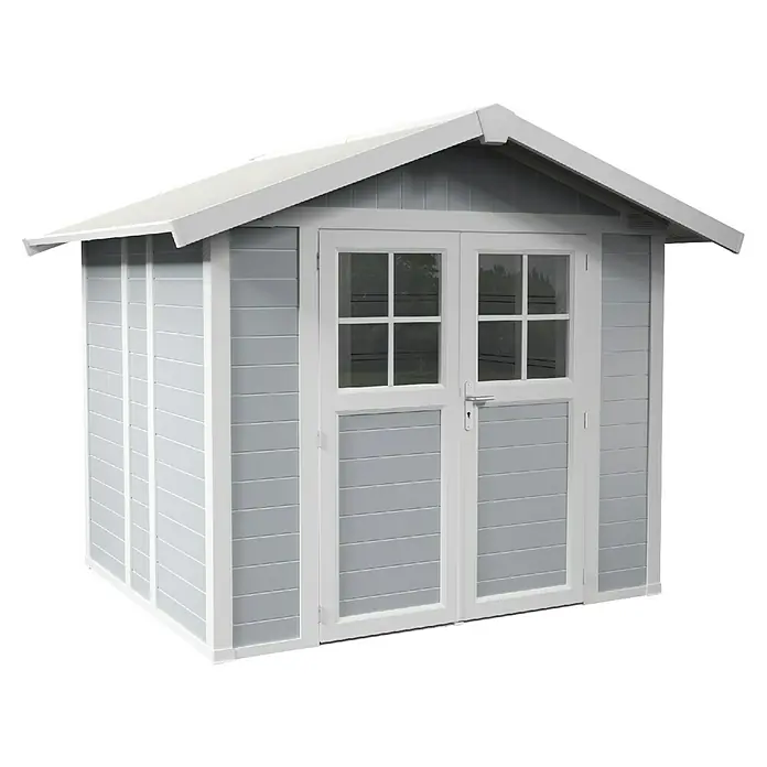 Grosfillex Gerätehaus Deco H4,9 - Außenmaß inkl. Dachüberstand (B x T): 295 x 261 cm, Kunststoff, Lichtgrau, 4,9 m² - Das Bild zeigt ein graues Gartenhaus mit weißen Akzenten, das durch seine Doppeltür und das schräge Dach besticht. Ideal für jeden Garten.