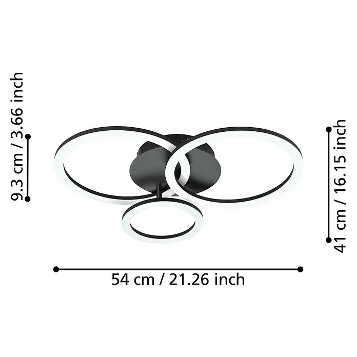 Eglo connect.z LED-Deckenleuchte PARRAPOS-Z - L x B x H: 545 x 445 x 90 mm, Dimmbar - Deckenleuchte mit drei Ringen in Schwarz und Weiß, Maße sind eingezeichnet.