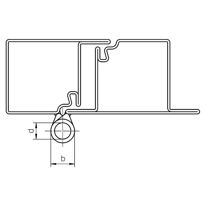 Simonswerk Türband - Länge: 45 mm, Durchmesser Rolle: 10 mm, Stahl - Eine technische Zeichnung, die ein Metallelement mit einem kreisförmigen Detail und den Beschriftungen 'b' und 'p' zeigt.