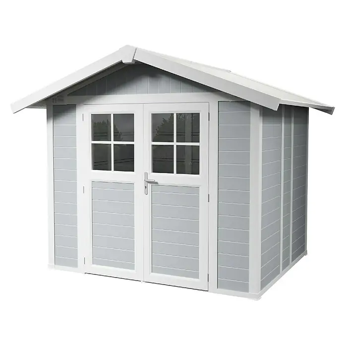 Grosfillex Gerätehaus Deco H4,9 - Außenmaß inkl. Dachüberstand (B x T): 295 x 261 cm, Kunststoff, Lichtgrau, 4,9 m² - Ein graues Gartenhaus mit Doppeltür und weißen Akzenten, ideal für die Gartenaufbewahrung. Das Gartenhaus bietet Schutz vor Wind und Wetter.