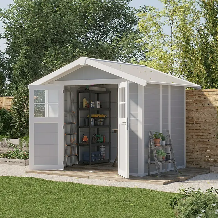 Grosfillex Caseta para jardín Deco - Medidas ext. (An x Pr): 295 x 261 cm, Plástico, Gris claro, 4,9 m² - Caseta de jardín espaciosa con puertas abiertas, ideal para guardar herramientas y equipos de jardinería.