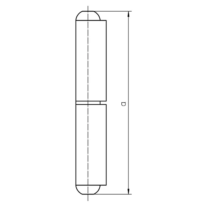 Simonswerk Türband - Länge: 45 mm, Durchmesser Rolle: 10 mm, Stahl - Abbildung einer Scharnierkomponente mit der Bezeichnung "D" für die Gesamtlänge, technisches Design.