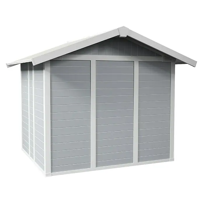 Grosfillex Gerätehaus Deco H4,9 - Außenmaß inkl. Dachüberstand (B x T): 295 x 261 cm, Kunststoff, Lichtgrau, 4,9 m² - Eine graue Gartenhütte mit weißem Rahmen und Giebeldach, ideal zur Aufbewahrung von Gartengeräten und -möbeln.