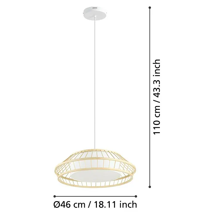 Eglo LED-Pendelleuchte rund Yuku-Z - 22 W, Ø x H: 46 x 110 cm, Bambus - Elegante Hängelampe mit natürlichem Holzrahmen und sanfter Beleuchtung, ideal für Wohn- und Essbereich.