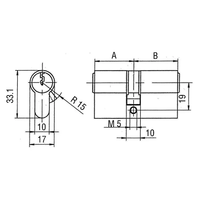 Bks Profilzylinder PZ 88 35/40 MM - Baulänge innen: 40 mm, Baulänge außen: 35 mm, Anzahl Schlüssel: 3 Stk. - Technische Zeichnung eines Türzylinders mit Maßangaben wie 33.1, 19, 10 und M5 zur Veranschaulichung der Abmessungen.