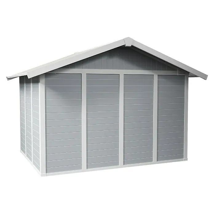 Grosfillex Gerätehaus Deco H7,5 - Außenmaß inkl. Dachüberstand (B x T): 370 x 298 cm, Kunststoff, Lichtgrau, 7,5 m² - Graues Gartenhaus mit weißer Umrandung und Satteldach. Ideale Aufbewahrungslösung für Gartengeräte und -möbel.