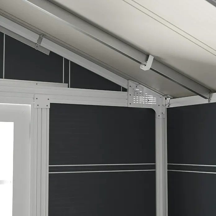 Grosfillex Gerätehaus Deco H4,9 - Außenmaß inkl. Dachüberstand (B x T): 295 x 261 cm, Kunststoff, Dunkelgrau, 4,9 m² - Detailansicht eines modernen Pavillons mit stabilen, weißen Rahmen und einer hellen Dachkonstruktion, die für Schatten sorgt.